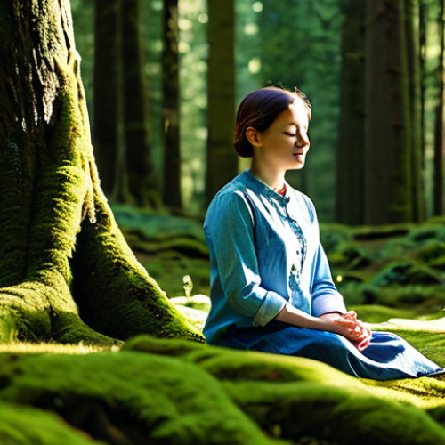 Home 11 A serene person, fully clothed in modest, comfortable outdoor attire, sits peacefully on a moss-covered forest floor. Soft, dappled sunlight filters through the canopy of tall, majestic trees, creating a tranquil atmosphere. The person's eyes are softly closed, conveying a deep connection to nature and a sense of grounding. Perfect anatomy, correct proportions, natural pose, well-formed hands, proper finger count, natural body proportions, professional photography, high detail, calming atmosphere, safe for work, appropriate content, fully clothed, modest, family-friendly.