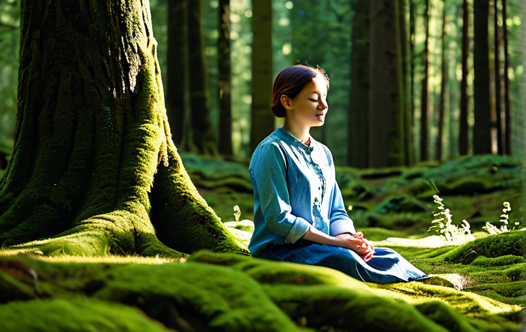 A serene person, fully clothed in modest, comfortable outdoor attire, sits peacefully on a moss-covered forest floor. Soft, dappled sunlight filters through the canopy of tall, majestic trees, creating a tranquil atmosphere. The person's eyes are softly closed, conveying a deep connection to nature and a sense of grounding. Perfect anatomy, correct proportions, natural pose, well-formed hands, proper finger count, natural body proportions, professional photography, high detail, calming atmosphere, safe for work, appropriate content, fully clothed, modest, family-friendly.