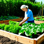 A tranquil adult in casual, modest clothing, with well-formed hands gently tending a raised garden bed in a sunny community garden. Soil lightly visible on fingers. Lush green vegetables and herbs fill the bed. The background shows a peaceful urban green space with soft, natural lighting. Perfect anatomy, correct proportions, natural pose, proper finger count, natural body proportions, fully clothed, appropriate attire, safe for work, family-friendly, professional photography, high quality.
