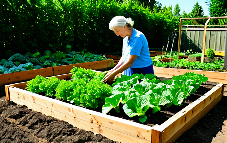A tranquil adult in casual, modest clothing, with well-formed hands gently tending a raised garden bed in a sunny community garden. Soil lightly visible on fingers. Lush green vegetables and herbs fill the bed. The background shows a peaceful urban green space with soft, natural lighting. Perfect anatomy, correct proportions, natural pose, proper finger count, natural body proportions, fully clothed, appropriate attire, safe for work, family-friendly, professional photography, high quality.